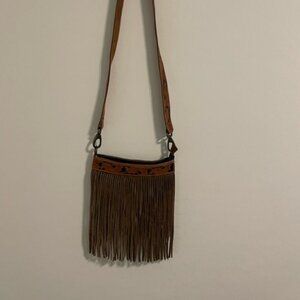 Handmade Western Style Leather and Brown Cowhide Crossbody Bag with Fringes EUC
